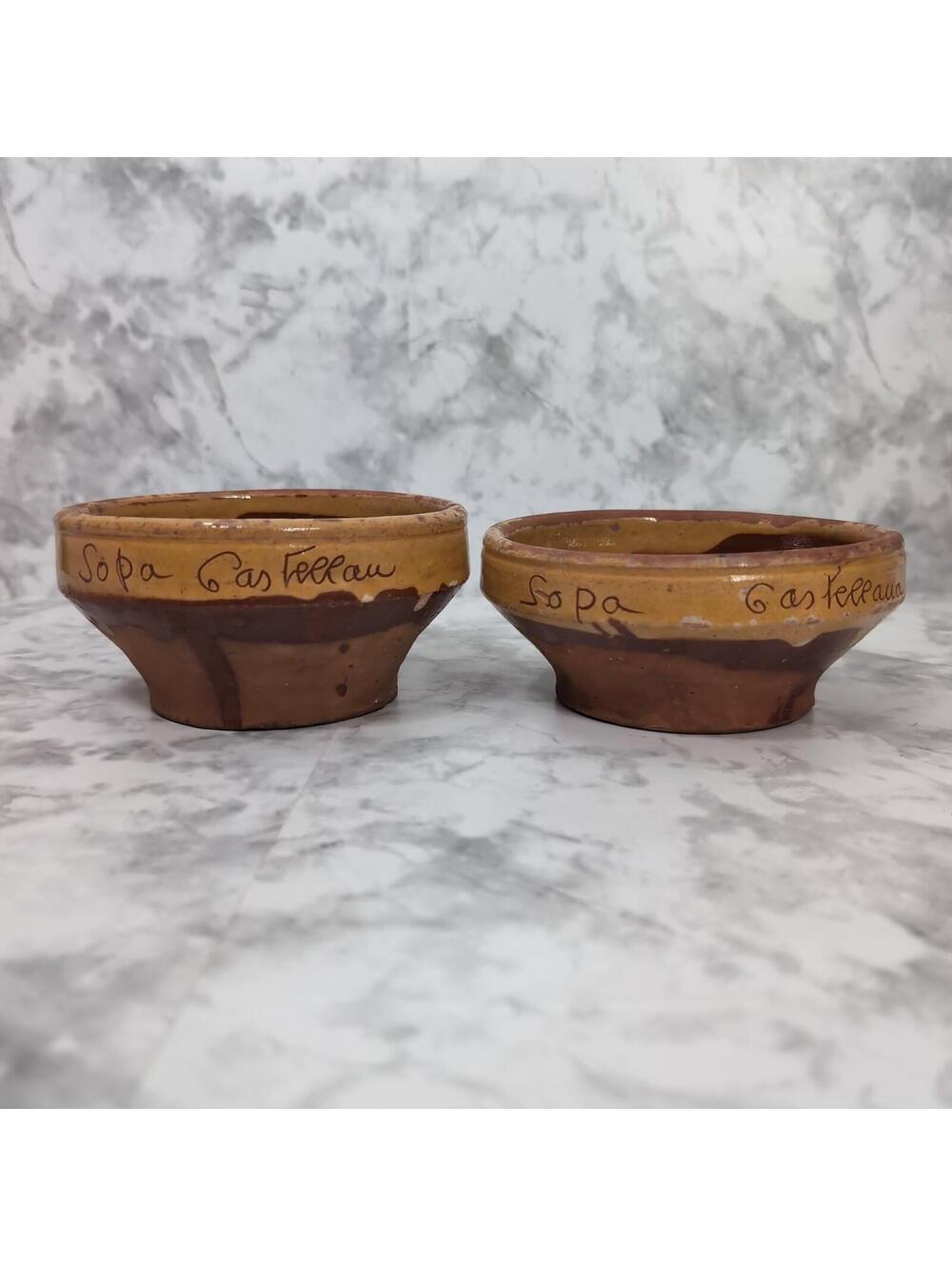 2 Castilian Soup Bowls "Sopa Castellana" Hand Crafted Glazed Terracotta Cazuela